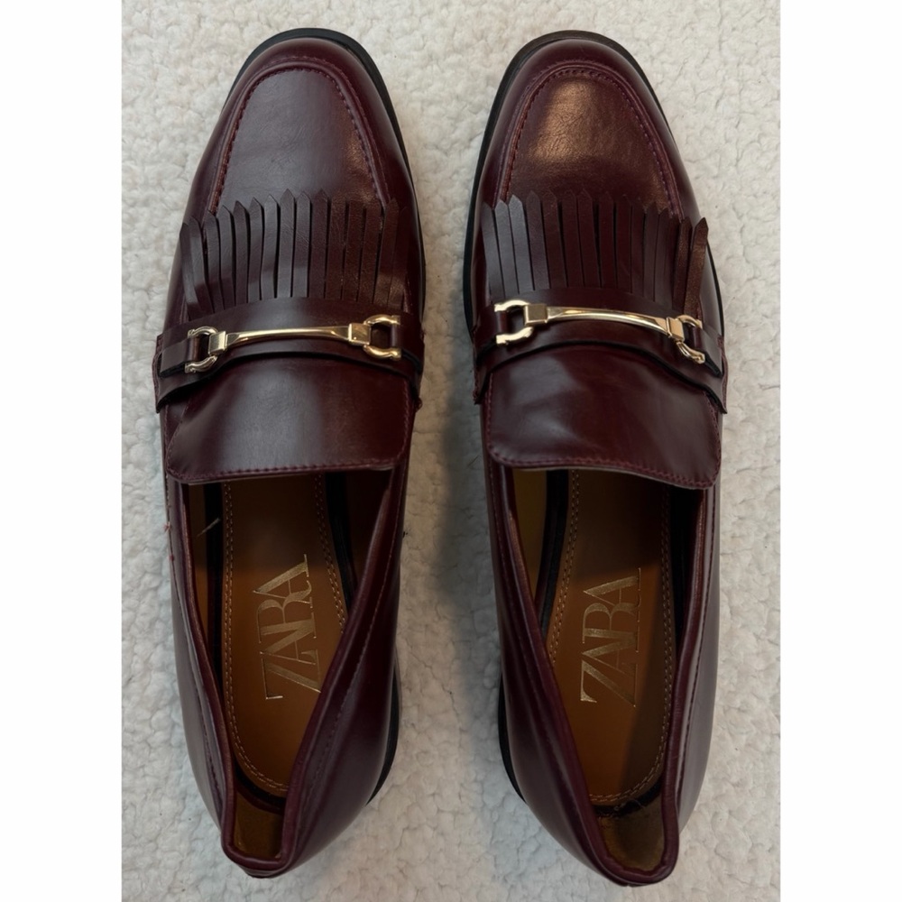 ZARA • Burgundy Leather Fringe Loafers w/ Gold Horsebit Hardware, EU 40 (US 9) - Picture 11 of 16